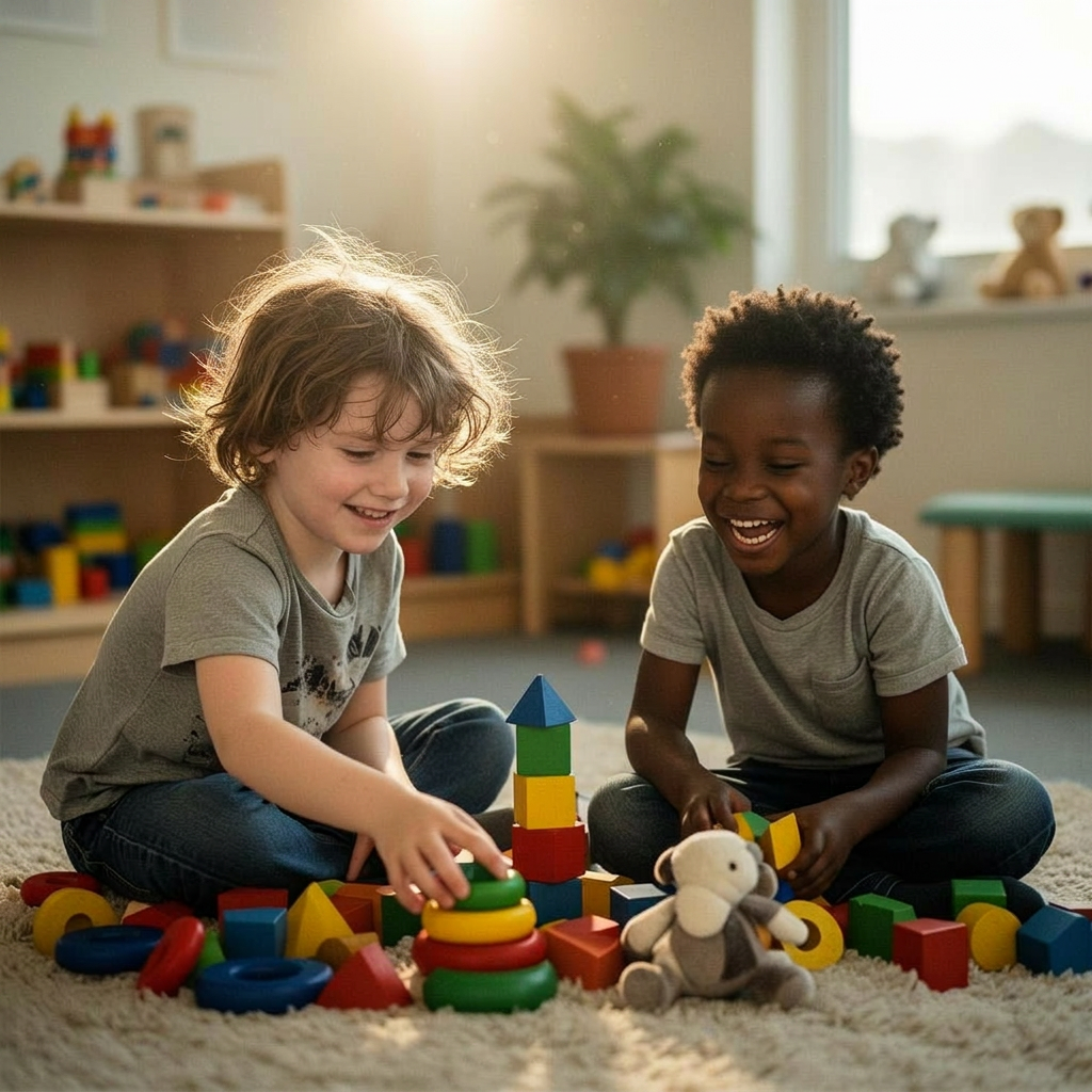 Two young children playing together with colorful toys at the center