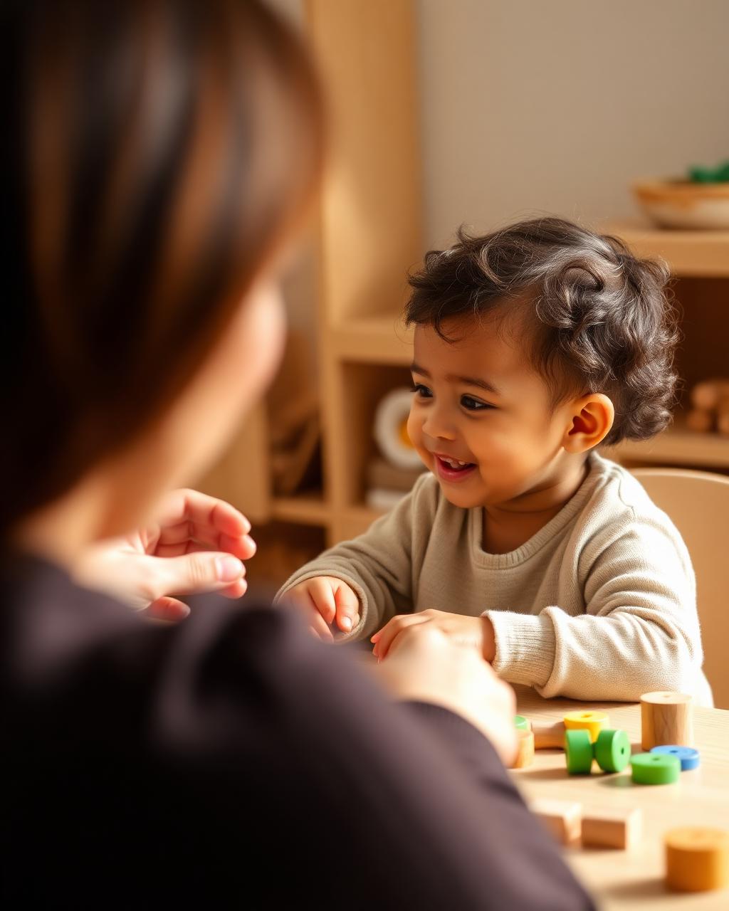 Therapist guiding a smiling child through a play-based learning activity