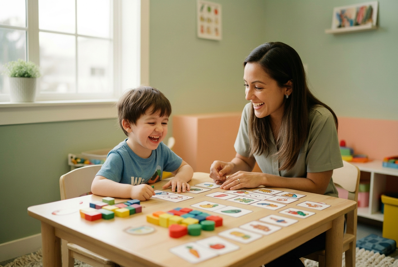 Therapist warmly playing with a child using colorful learning toys with palm trees in the background